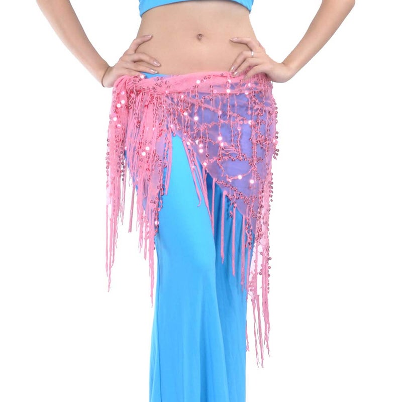 Lauthen.S Women Belly Dance Hip Scarf, Sequin Tassels Triangle Tribal Wrap Skirt Waist Chain Pink - Image 5