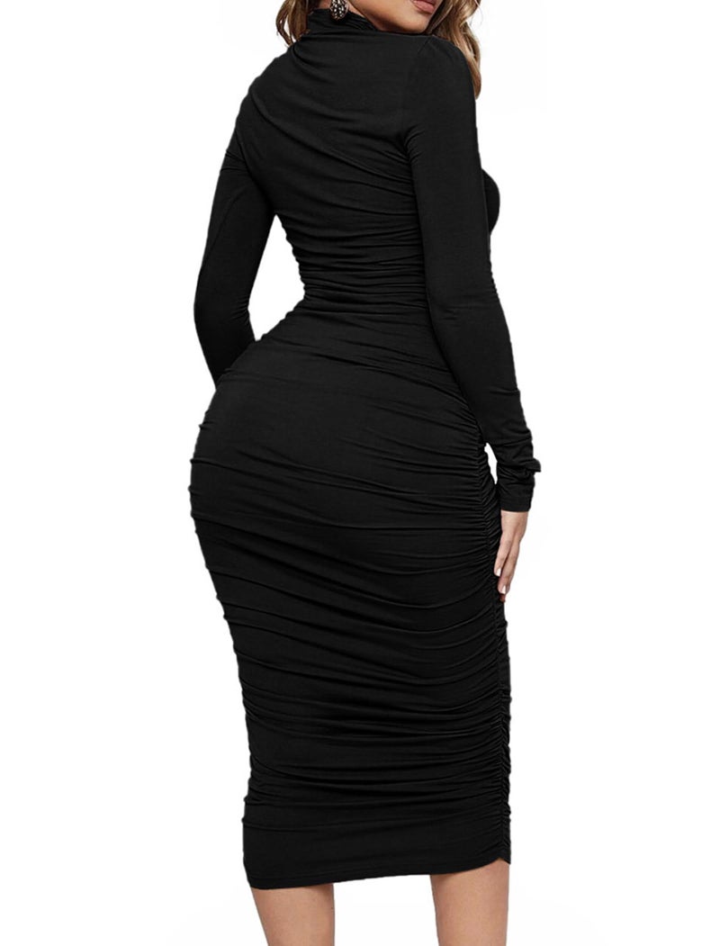 Ekaliy Women's Ruched Bodycon Midi Dress Sexy Turtleneck Long Sleeve Pencil Dresses Black XL - Image 4