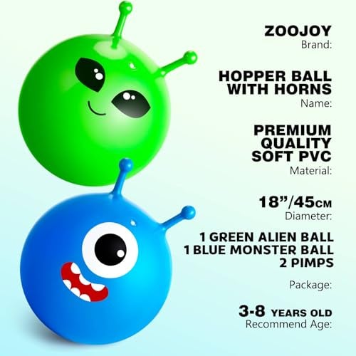 ZOOJOY Hopper Ball 2 Pack 18In Bouncy Ball with Handle Alien Monste Horn Hop Balls Girls Boys Toys for for SportSchoolTeam Inflatable Kids Gifts for 3 4 5 6 7 8 Yr Old for Indoor Outdoor Game - Image 5