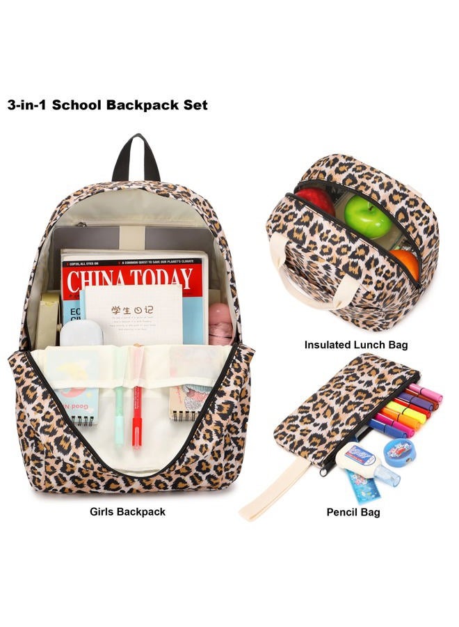 Kouxunt Girls School Backpacks for Kids Teens, 3-in-1 School Bag Bookbags Set with Lunch Bag Pencil Case, Leopard, L, Schoolbag Set - Image 3