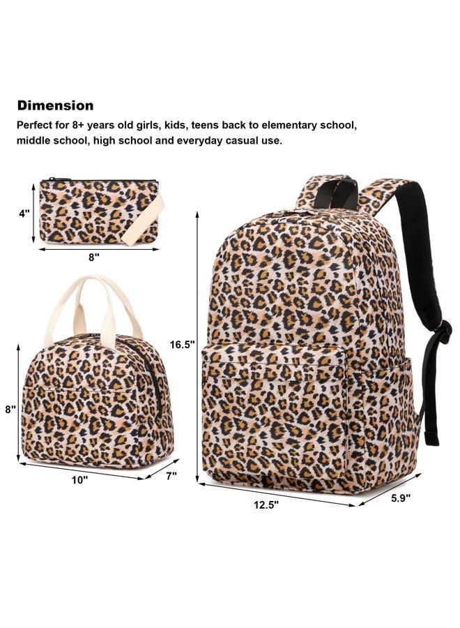 Kouxunt Girls School Backpacks for Kids Teens, 3-in-1 School Bag Bookbags Set with Lunch Bag Pencil Case, Leopard, L, Schoolbag Set - Image 2