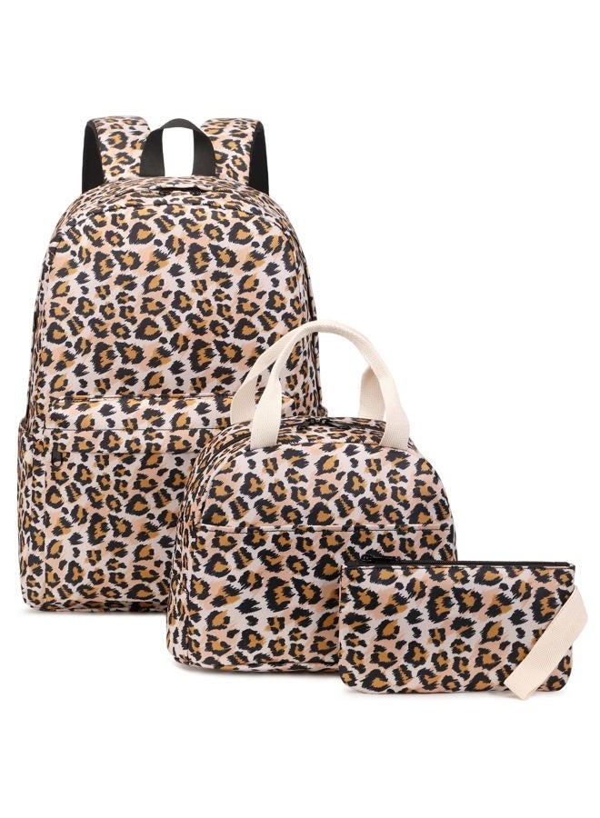 Kouxunt Girls School Backpacks for Kids Teens, 3-in-1 School Bag Bookbags Set with Lunch Bag Pencil Case, Leopard, L, Schoolbag Set - Image 1