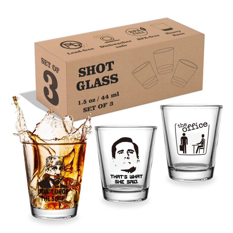 3 PCS The Office Merchandise Shot Glasses Set 15 oz Clear Shot Glass Cups with Heavy Base Funny Gifts for Men Women or The Office TV Show Fans Classic Style