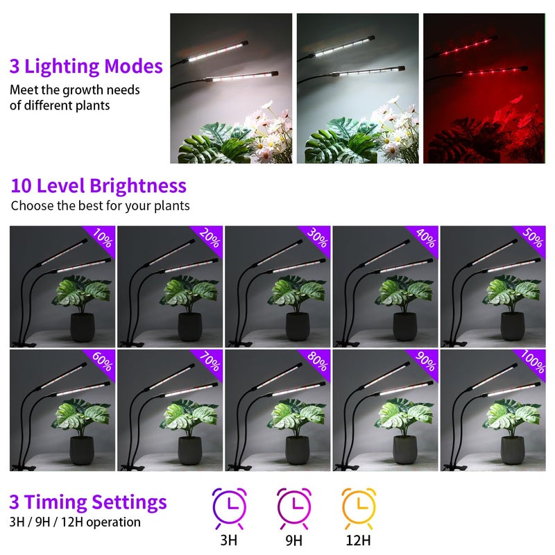 RWNTAO Grow Lights Upgrade 168 LEDs Clip Plant Lights for Indoor Plants, Full Spectrum White+ Red LED Plant Growing Lamps with Flexible Gooseneck, 3/9/12H Timer, 3 Spectral Modes, 10 Dimmable Levels 2 Pack - Image 4
