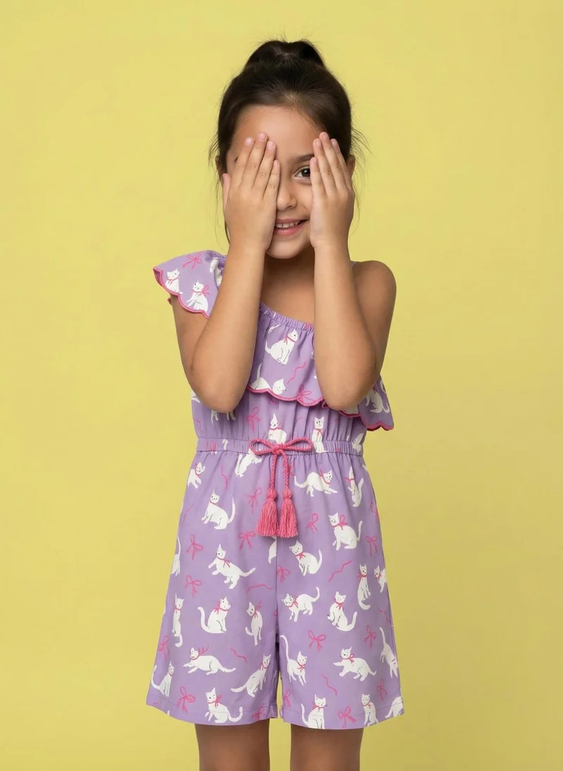 نوتيناتي Nautinati Girls' Asymmetric Off-shoulder Cat Printed Playsuit with Tassel & Scallop Details