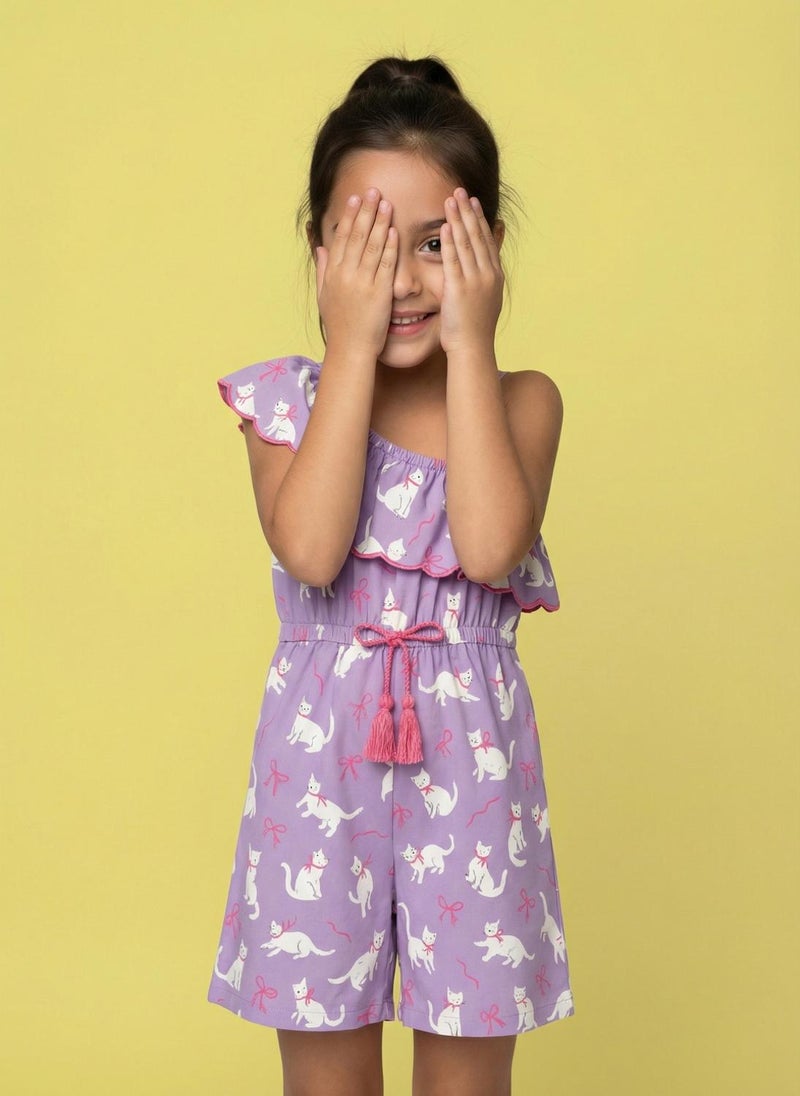 Nautinati Girls' Asymmetric Off-shoulder Cat Printed Playsuit with Tassel & Scallop Details - Image 2