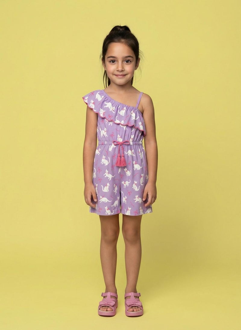 Nautinati Girls' Asymmetric Off-shoulder Cat Printed Playsuit with Tassel & Scallop Details - Image 1