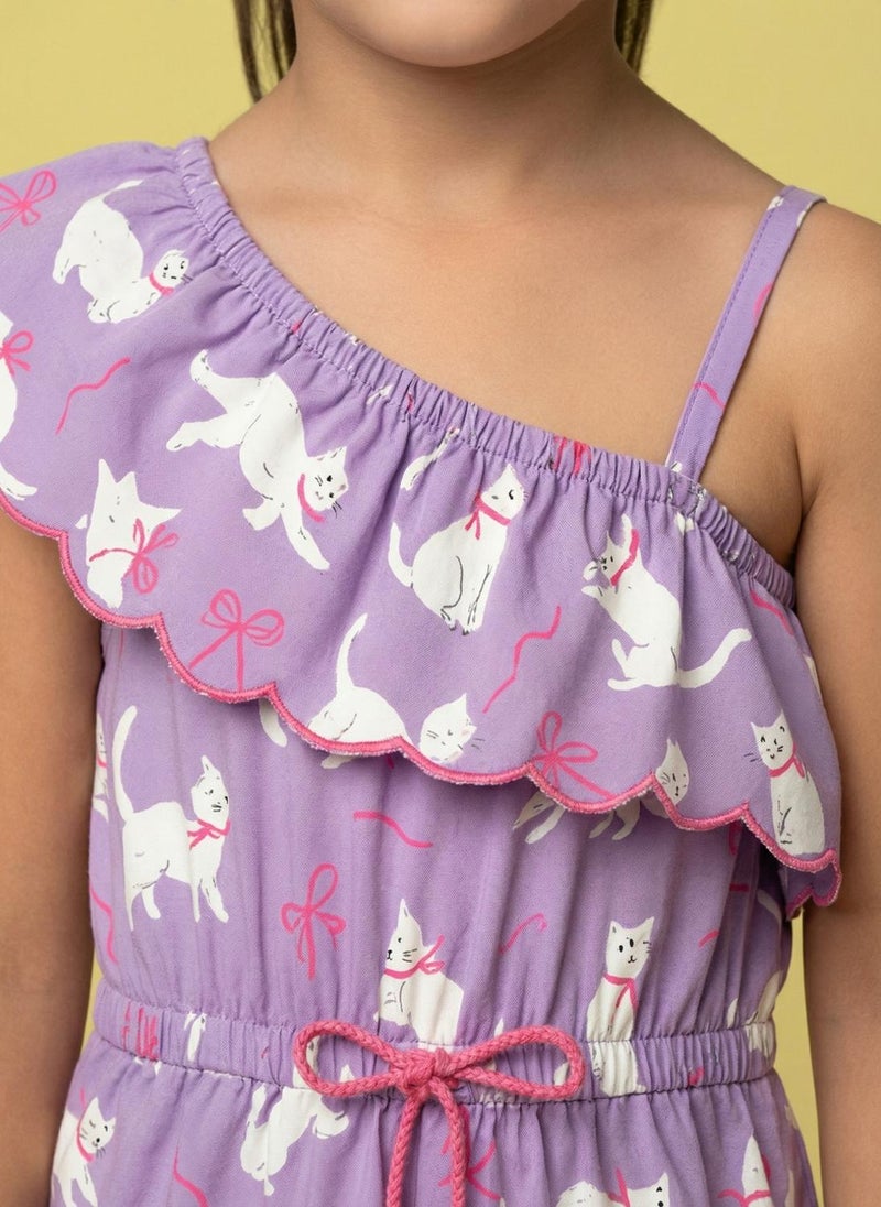 Nautinati Girls' Asymmetric Off-shoulder Cat Printed Playsuit with Tassel & Scallop Details - Image 4