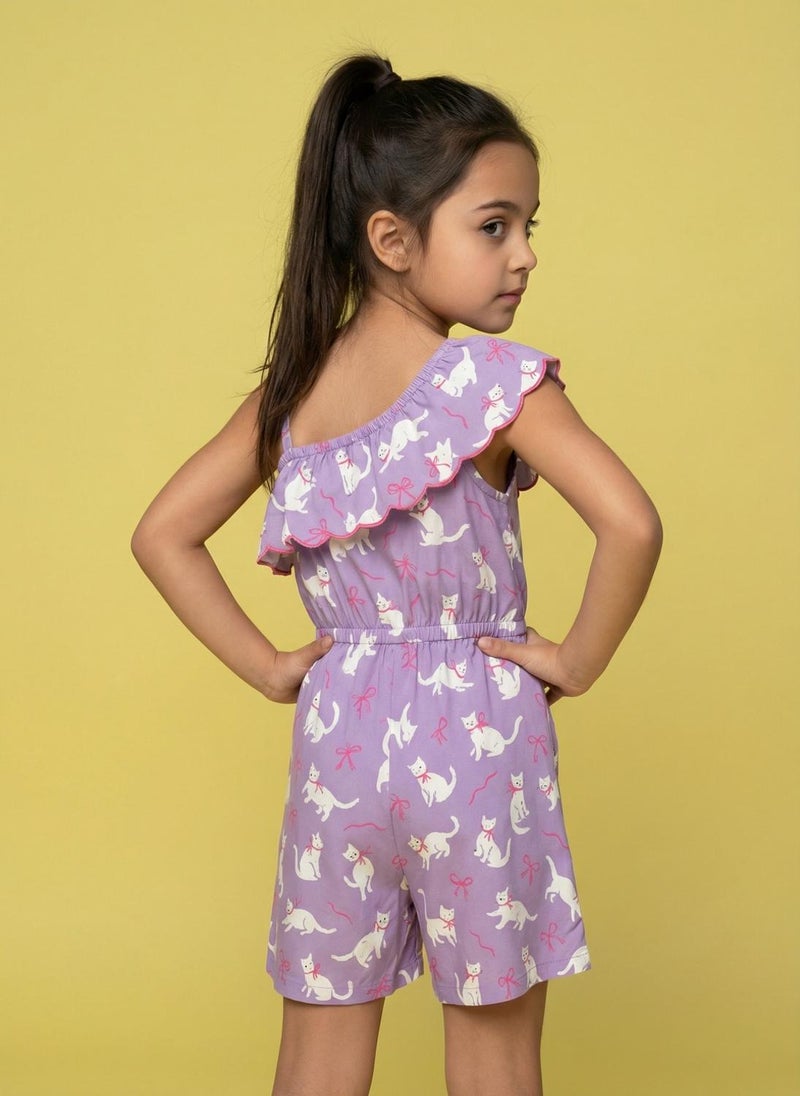 Nautinati Girls' Asymmetric Off-shoulder Cat Printed Playsuit with Tassel & Scallop Details - Image 3
