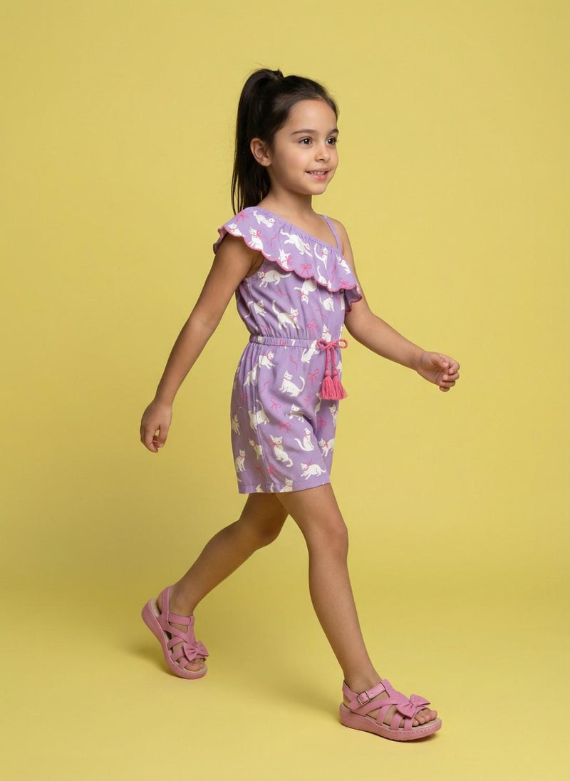 Nautinati Girls' Asymmetric Off-shoulder Cat Printed Playsuit with Tassel & Scallop Details - Image 5