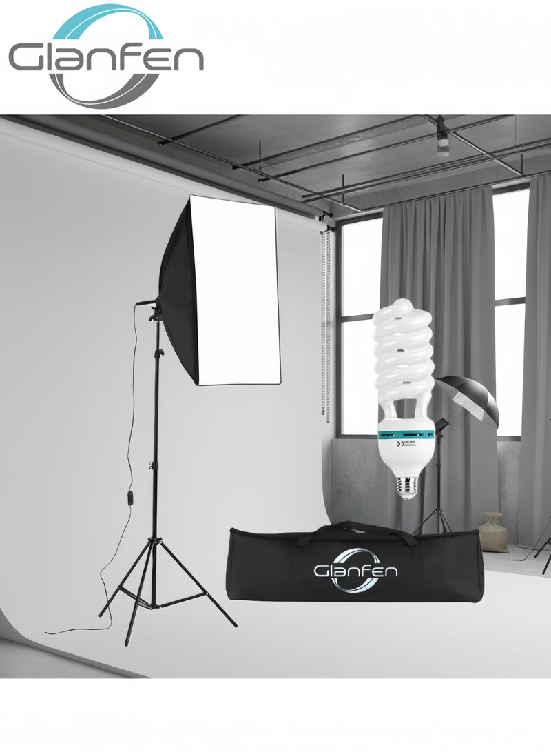 Glanfen Professional 50x70cm Photography Softbox Lighting Kit with 135W 5500K LED Bulbs, Adjustable Stand & Carry Bag - Image 1
