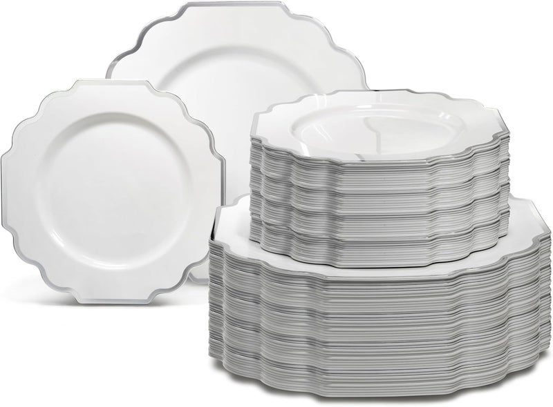 OCCASIONS FINEST PLASTIC TABLEWARE " OCCASIONS " 120 Plates Pack,(60 Guests) Heavyweight Wedding Party Disposable Plastic Plates Set -60 x 10.5'' Dinner + 60 x 8'' Salad/Dessert Plate (Imperial in White & Silver Rim) - Image 1