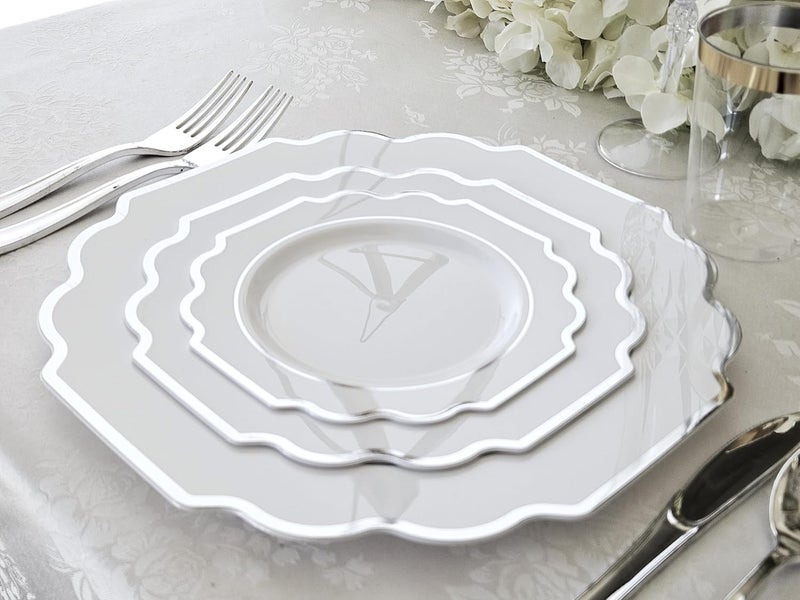 OCCASIONS FINEST PLASTIC TABLEWARE " OCCASIONS " 120 Plates Pack,(60 Guests) Heavyweight Wedding Party Disposable Plastic Plates Set -60 x 10.5'' Dinner + 60 x 8'' Salad/Dessert Plate (Imperial in White & Silver Rim) - Image 2