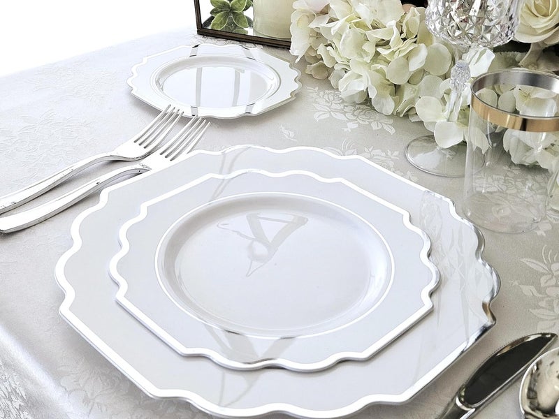 OCCASIONS FINEST PLASTIC TABLEWARE " OCCASIONS " 120 Plates Pack,(60 Guests) Heavyweight Wedding Party Disposable Plastic Plates Set -60 x 10.5'' Dinner + 60 x 8'' Salad/Dessert Plate (Imperial in White & Silver Rim) - Image 3