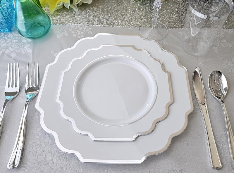 OCCASIONS FINEST PLASTIC TABLEWARE " OCCASIONS " 120 Plates Pack,(60 Guests) Heavyweight Wedding Party Disposable Plastic Plates Set -60 x 10.5'' Dinner + 60 x 8'' Salad/Dessert Plate (Imperial in White & Silver Rim) - Image 4