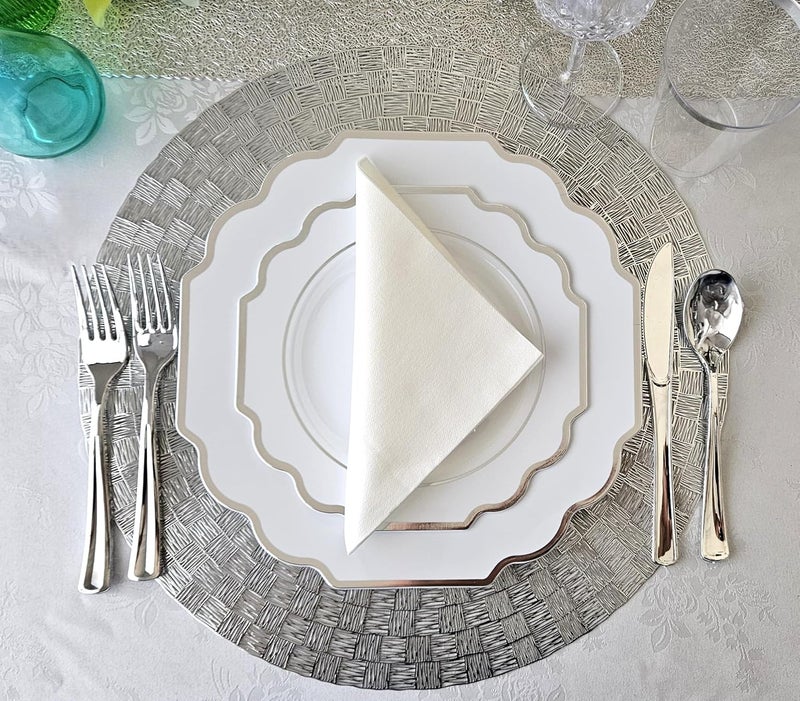 OCCASIONS FINEST PLASTIC TABLEWARE " OCCASIONS " 120 Plates Pack,(60 Guests) Heavyweight Wedding Party Disposable Plastic Plates Set -60 x 10.5'' Dinner + 60 x 8'' Salad/Dessert Plate (Imperial in White & Silver Rim) - Image 5
