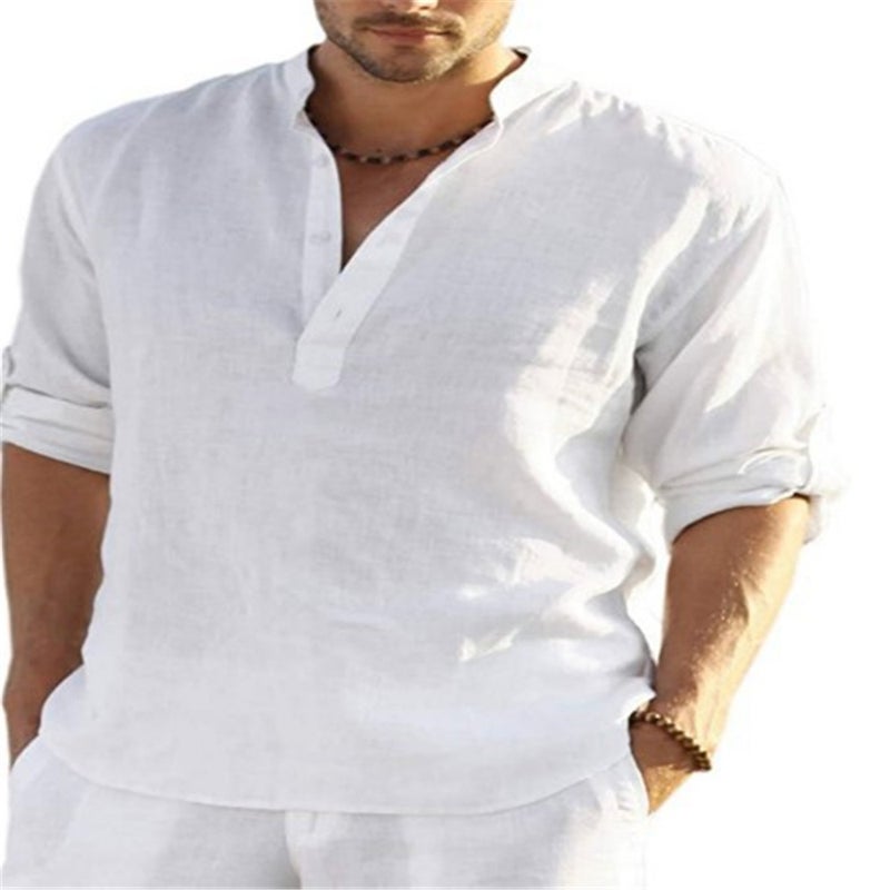 Men's Casual Linen Cotton Long Sleeve Shirt Loose Stand Collar Shirt - Image 2