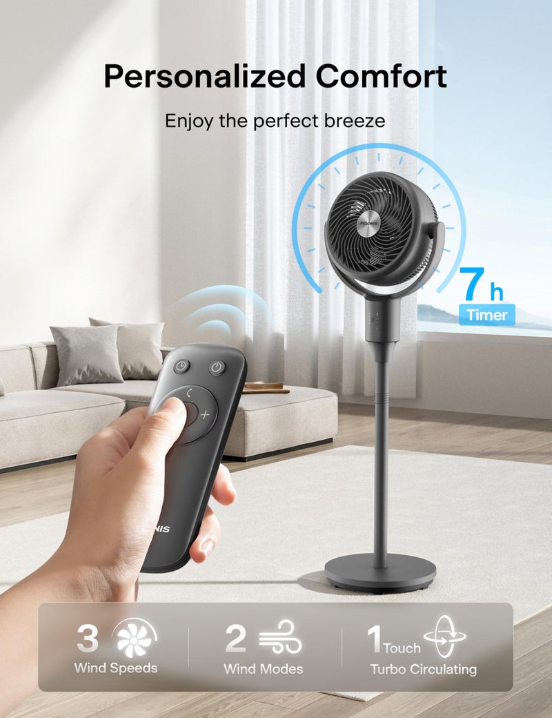 PELONIS Pedestal Fan, Air Circulator, Ultra OmniFlow (135Â°+90Â°Auto Oscillation), Quiet Floor Fan with 3 Speeds, Remote, 7H Timer, Memory Function, Adjustable Height, Standing Fan for Bedroom - Image 5
