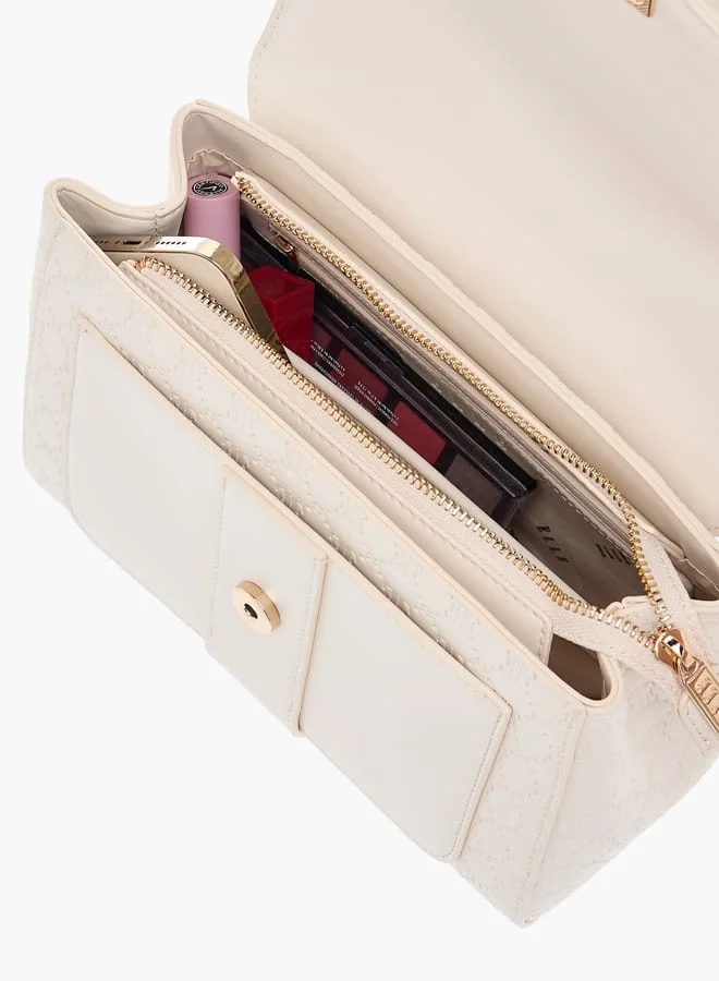 ELLE Monogram Embossed Satchel Bag with Flap Closure and Detachable Strap