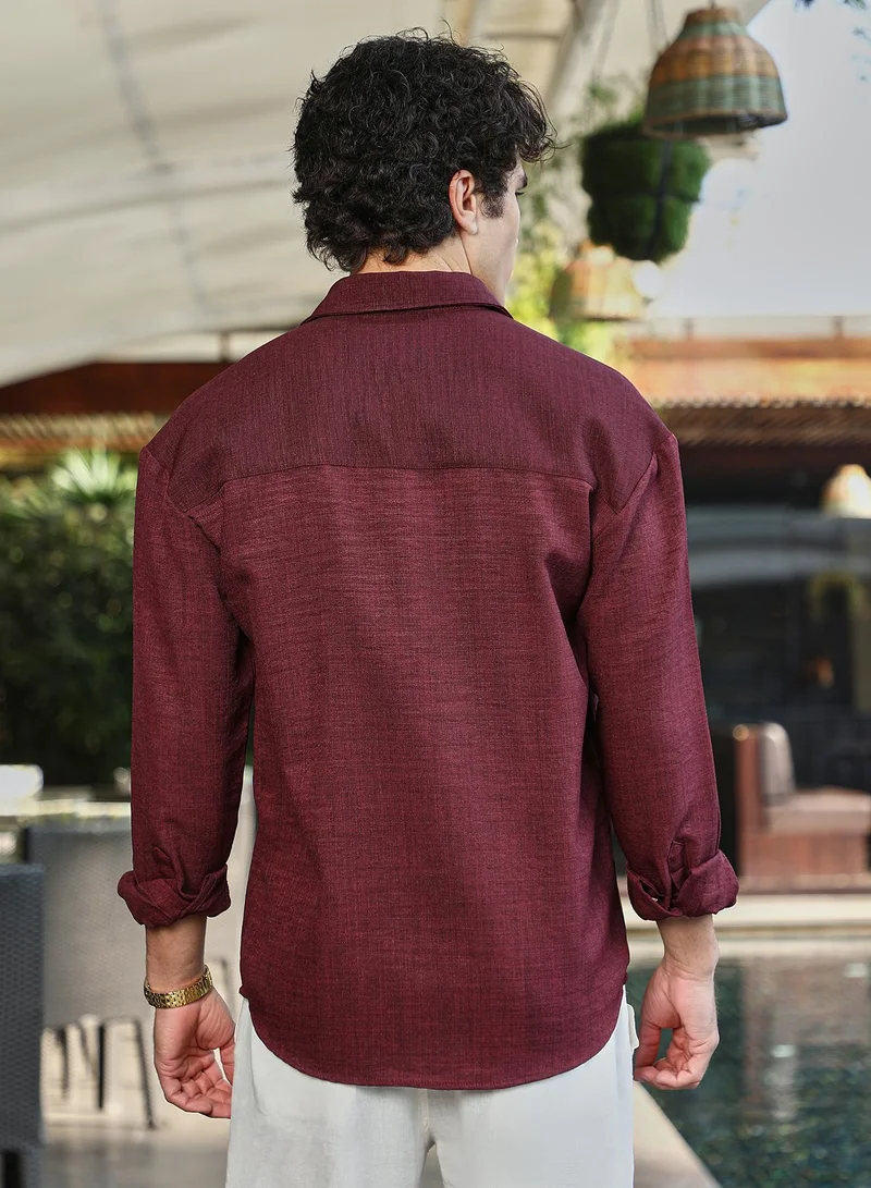Campus Sutra Campus Sutra Men's Wine Red Modular Solid Oversized Shirt For Casual Wear | Spread Collar | Long Cuffed Sleeves | Button Closure | Oversized Shirt Crafted With Comfort Fit For Everyday Wear
