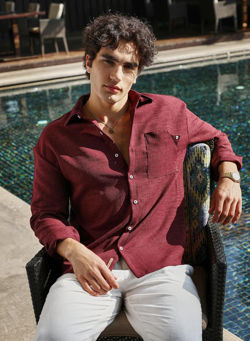 Campus Sutra Campus Sutra Men's Wine Red Modular Solid Oversized Shirt For Casual Wear | Spread Collar | Long Cuffed Sleeves | Button Closure | Oversized Shirt Crafted With Comfort Fit For Everyday Wear