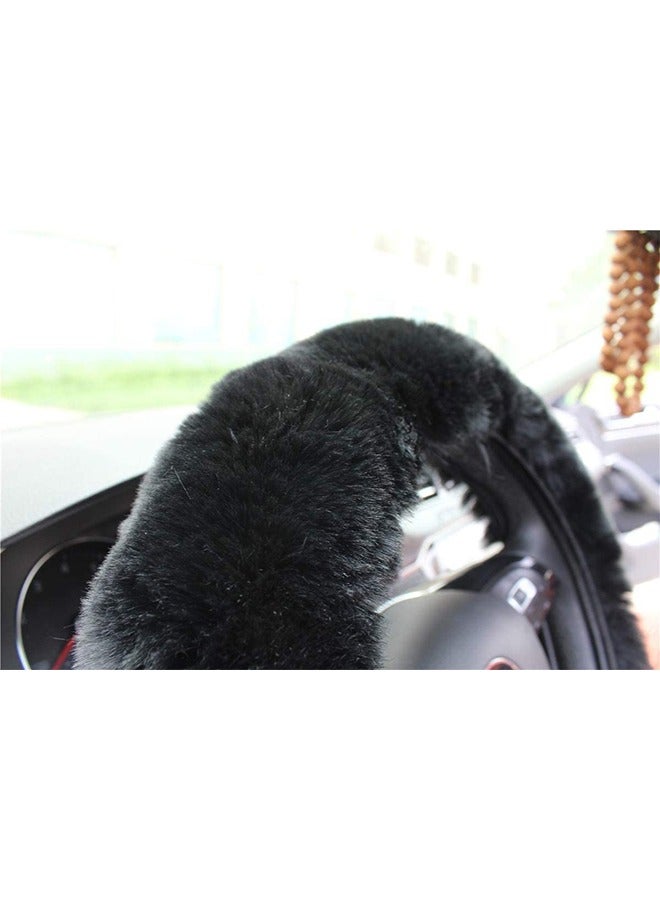 Car Steering Wheel Cover Sheepskin Fur Wool Medium Black - Image 5