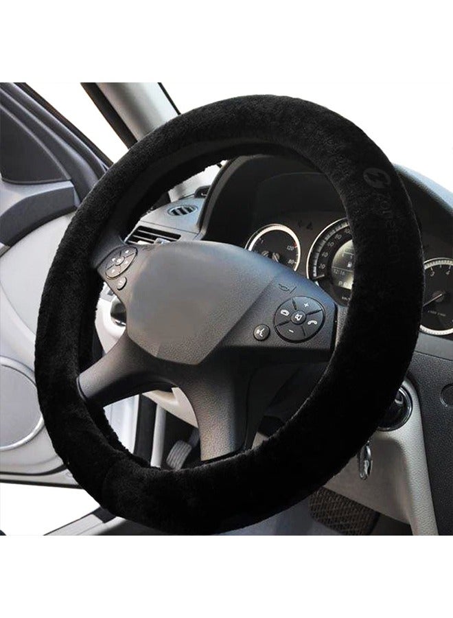 Car Steering Wheel Cover Sheepskin Fur Wool Medium Black - Image 2