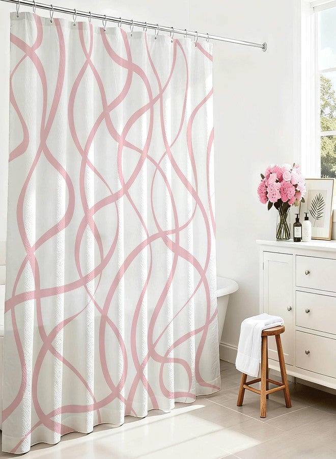 Mocsicka Pink Striped Shower Curtain with 12 Hooks Modern Abstract Wavy Pink Shower Curtain for Girls Women Waterproof Fabric Bath Curtain, 72 x 72 Inch - Image 2