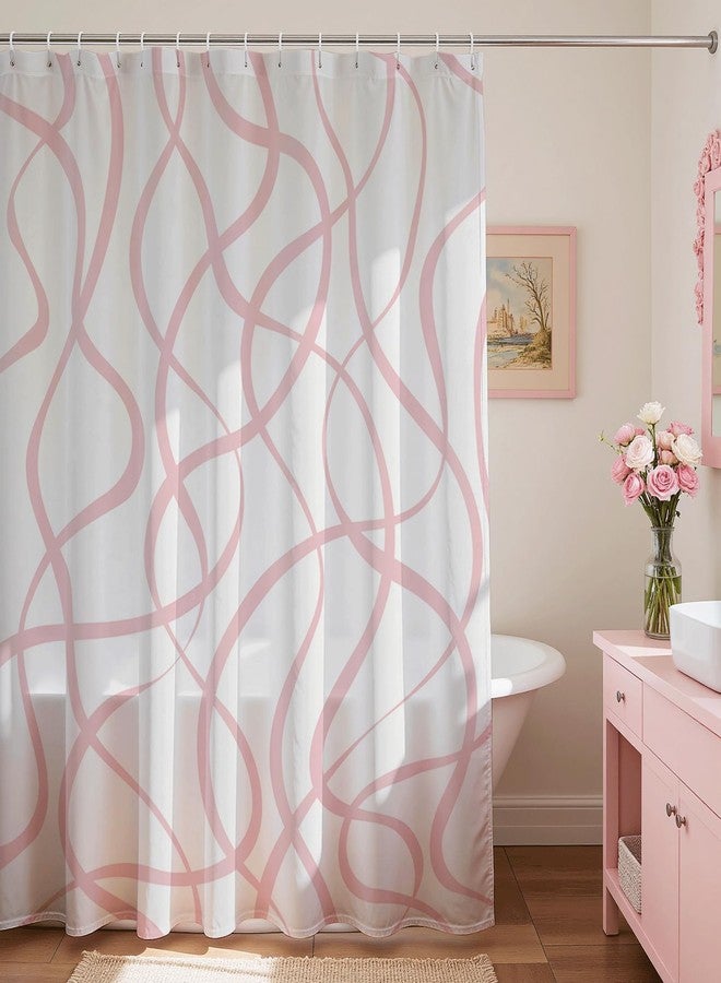 Mocsicka Pink Striped Shower Curtain with 12 Hooks Modern Abstract Wavy Pink Shower Curtain for Girls Women Waterproof Fabric Bath Curtain, 72 x 72 Inch - Image 1