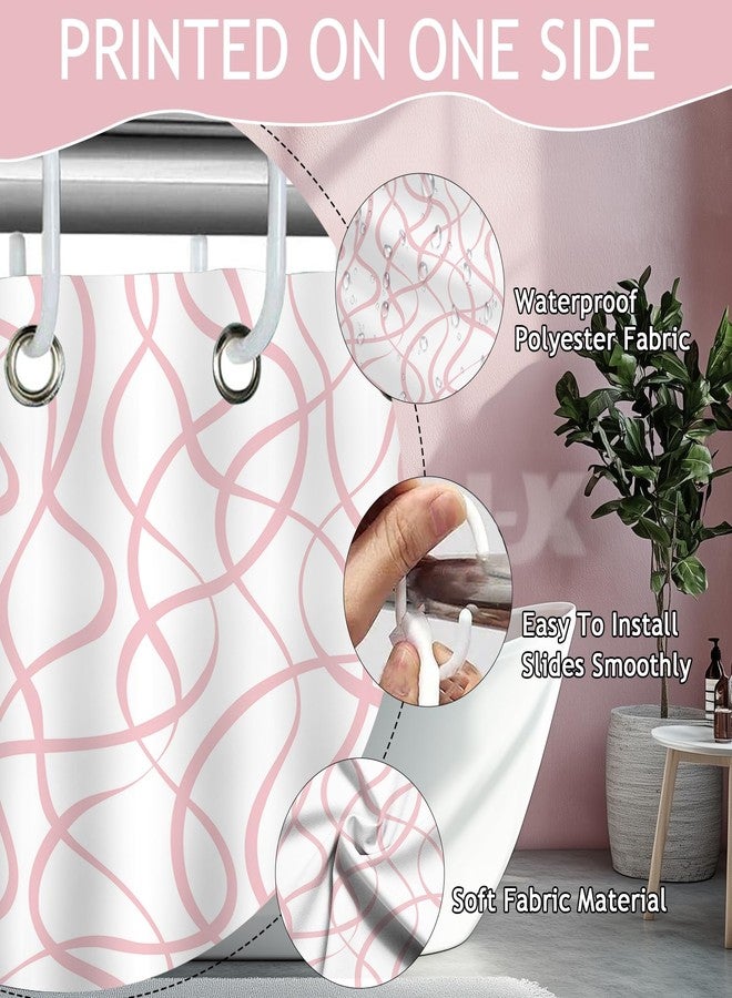 Mocsicka Pink Striped Shower Curtain with 12 Hooks Modern Abstract Wavy Pink Shower Curtain for Girls Women Waterproof Fabric Bath Curtain, 72 x 72 Inch - Image 4
