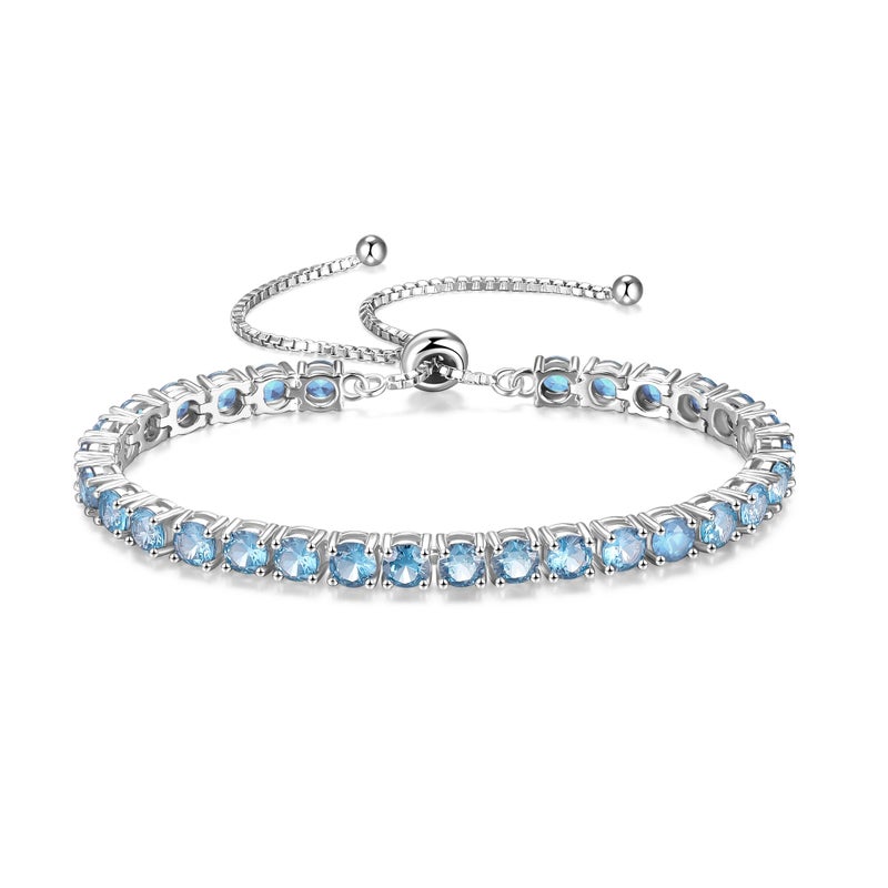 FANCIME March Birthstone Jewelry Aquamarine Bracelet for Women Sterling Silver 4mm Gemstone Tennis Bracelet Bolo Adjustable Chain Fine Jewelry Birthday Gifts for Women Mom Wife Her - Image 1
