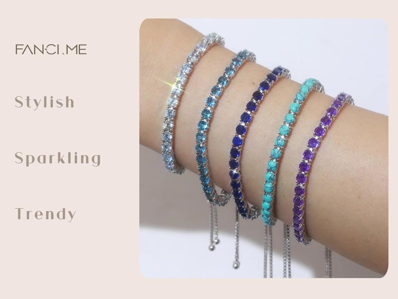 FANCIME March Birthstone Jewelry Aquamarine Bracelet for Women Sterling Silver 4mm Gemstone Tennis Bracelet Bolo Adjustable Chain Fine Jewelry Birthday Gifts for Women Mom Wife Her - Image 3