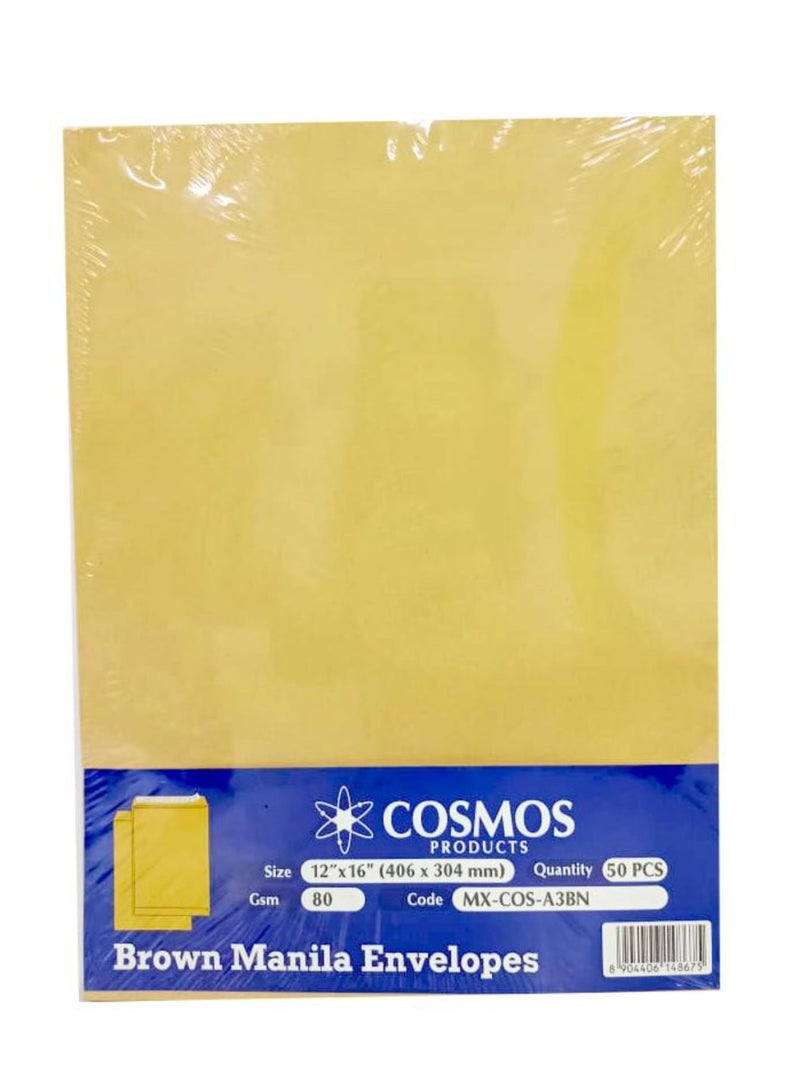 COSMOS أظرف بنية عادية A3 80 جرام، 16×12 بوصة، لاصق وقابل للإغلاق (عبوة من 50 قطعة) - Image 1