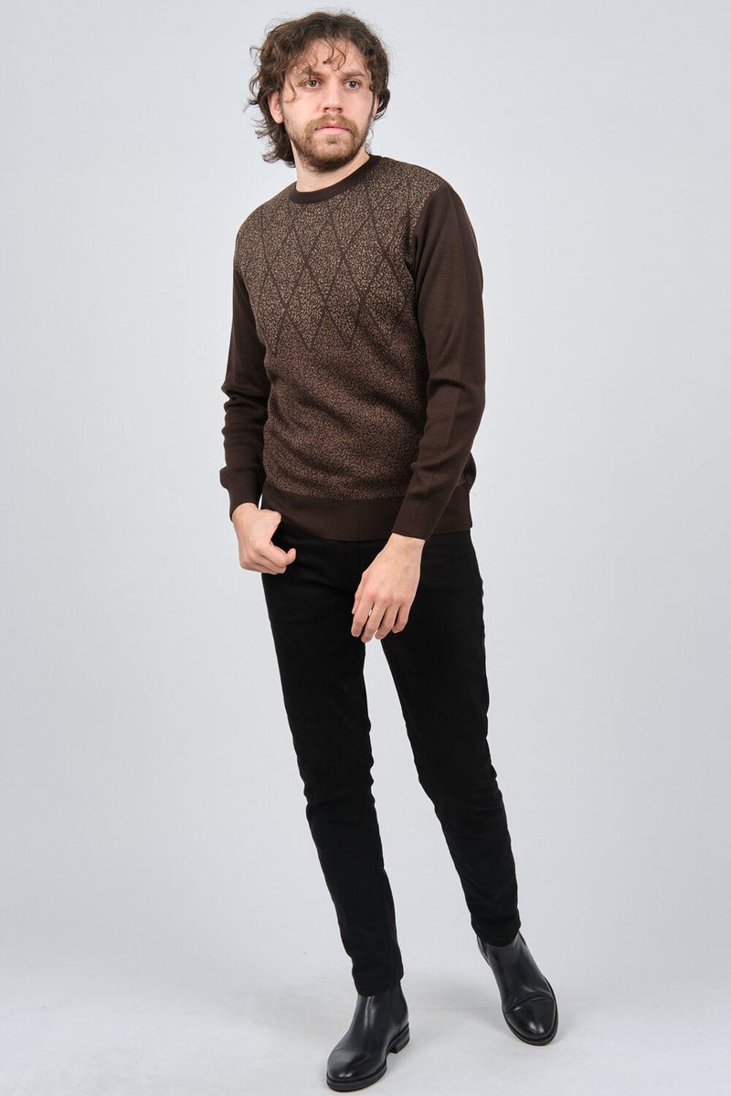 Ateş Triko Ateş Knitwear Men's Crew Neck Patterned Sweater 6091805 Brown  - Image 5
