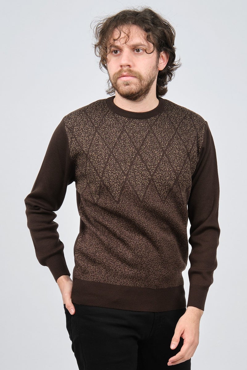 Ateş Triko Ateş Knitwear Men's Crew Neck Patterned Sweater 6091805 Brown  - Image 1