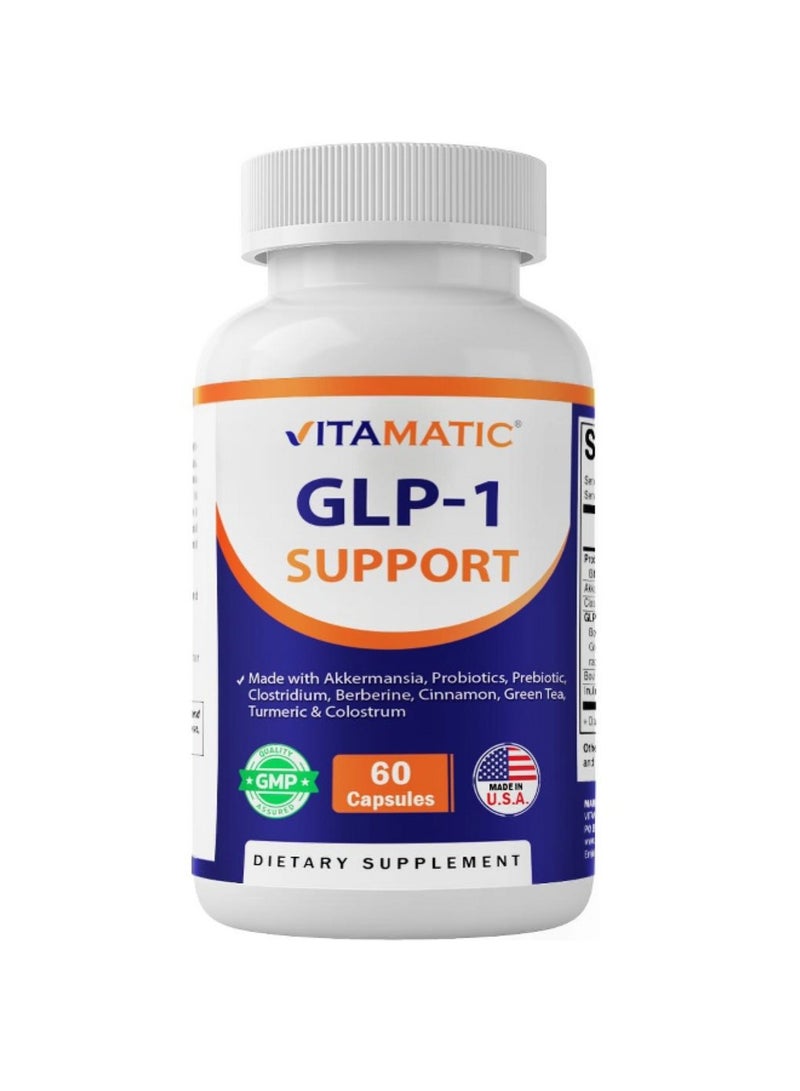 فيتاماتيك مكمل غذائي Vitamatic GLP-1 الداعم للرجال والنساء، 60 كبسولة - مصنوع من أكيرمانسيا، وبروبيوتيك، وبريبايوتيك، وكلوستريديوم، وبربارين، وقرفة، وشاي أخضر، وكركم، ولبأ.