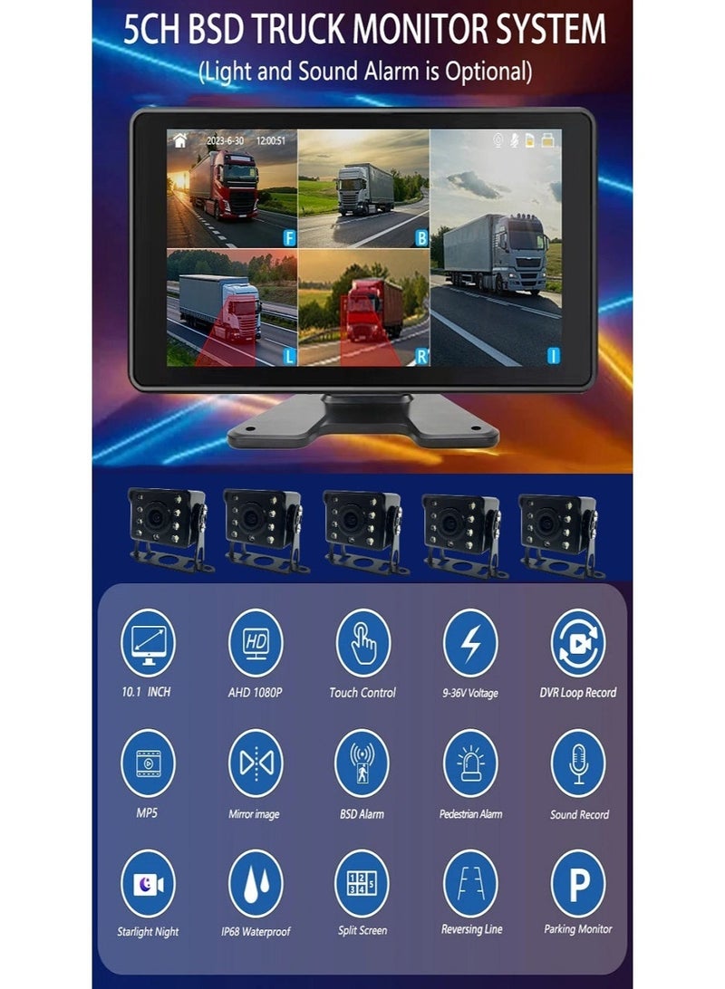 10.1 inch 5 channel 1080P Dash Camera with BSD Sound & Light Alarm for Trucks Bus Dashcam - Image 2