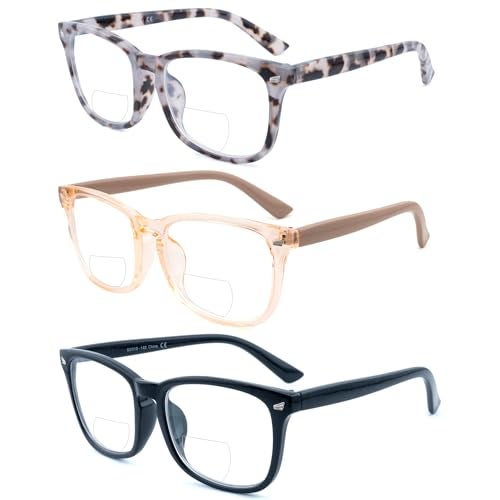 FEIVSN 3 Pack Bifocal Reading Glasses for Women Men Bi-focal Readers PC Frame Fixed Hinge Dual Focal Clear Top Eyewear, Black + Pretty Pink + Pea Color, +2.50 - Image 2
