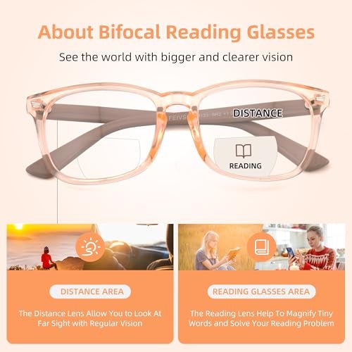 FEIVSN 3 Pack Bifocal Reading Glasses for Women Men Bi-focal Readers PC Frame Fixed Hinge Dual Focal Clear Top Eyewear, Black + Pretty Pink + Pea Color, +2.50 - Image 5
