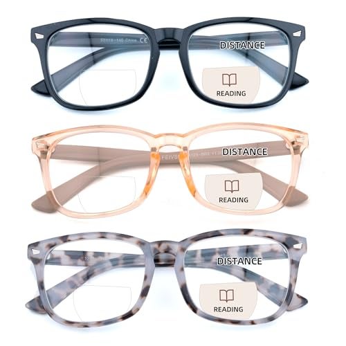 FEIVSN 3 Pack Bifocal Reading Glasses for Women Men Bi-focal Readers PC Frame Fixed Hinge Dual Focal Clear Top Eyewear, Black + Pretty Pink + Pea Color, +2.50 - Image 1
