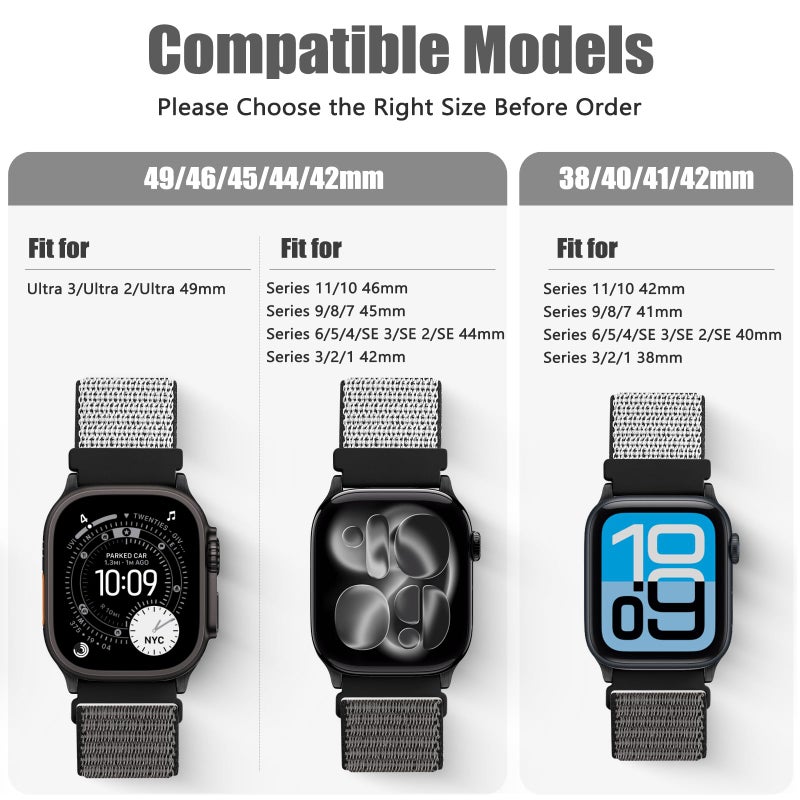 Bcuckood Nylon Sport Bands Compatible with Apple Watch Band 49mm 45mm 46mm 44mm 42mm 41mm 40mm 38mm Women Men, Adjustable Solo Loop Bands for iWatch Series 11 10 9 8 7 6 5 4 3 SE Ultra 2 1, 3 Pack - Image 4