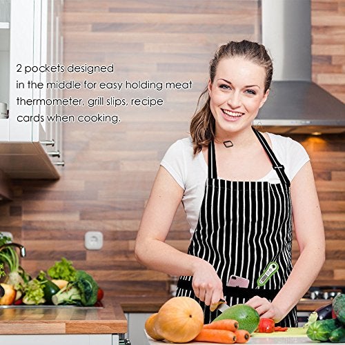 Syntus 2 Pack Adjustable Bib Apron Thicker Waterdrop Resistant with 2 Pockets Cooking Kitchen Aprons for Women Men Chef, Pinstripe Black White - Image 3