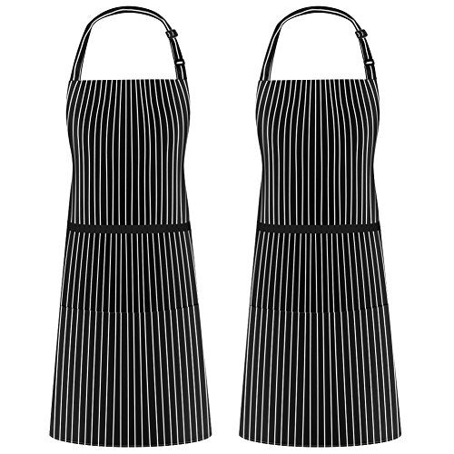 Syntus 2 Pack Adjustable Bib Apron Thicker Waterdrop Resistant with 2 Pockets Cooking Kitchen Aprons for Women Men Chef, Pinstripe Black White - Image 1