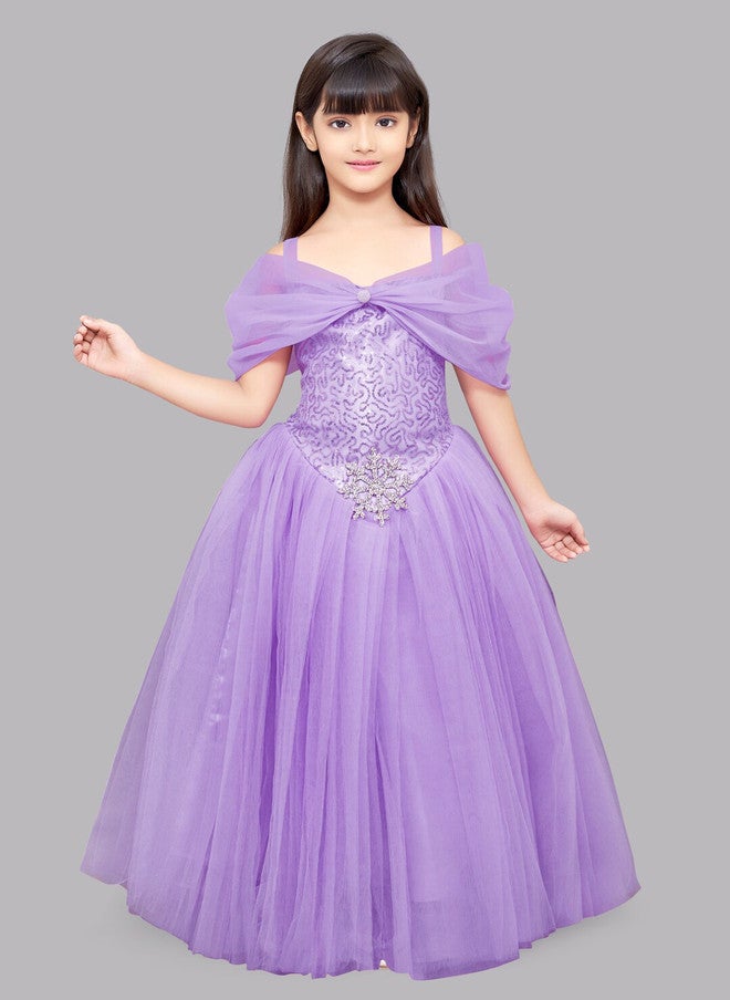 PinkChick Lavender Off-Shoulder Net Ball Gown for Girls - Image 1