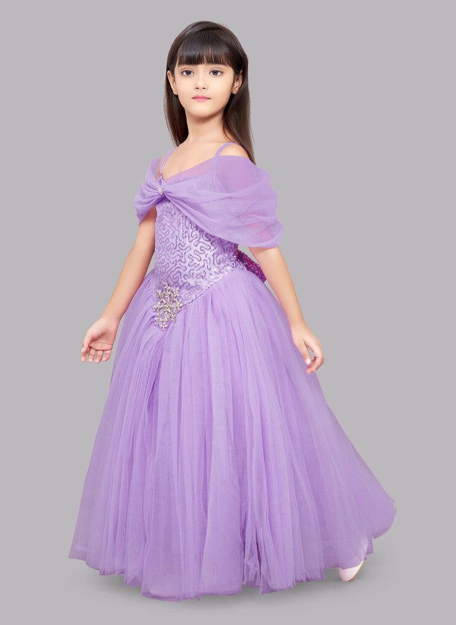 PinkChick Lavender Off-Shoulder Net Ball Gown for Girls - Image 4