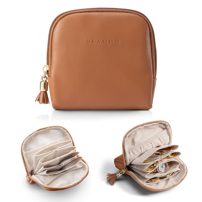 Vlando Small Travel Jewelry Case,Jewelry Pouch Bags with Zipper,Velvet Jewelry Organizer Storage Bag for Bracelet Rings Earring-Brown - Image 1