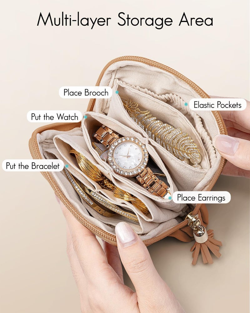 Vlando Small Travel Jewelry Case,Jewelry Pouch Bags with Zipper,Velvet Jewelry Organizer Storage Bag for Bracelet Rings Earring-Brown - Image 2