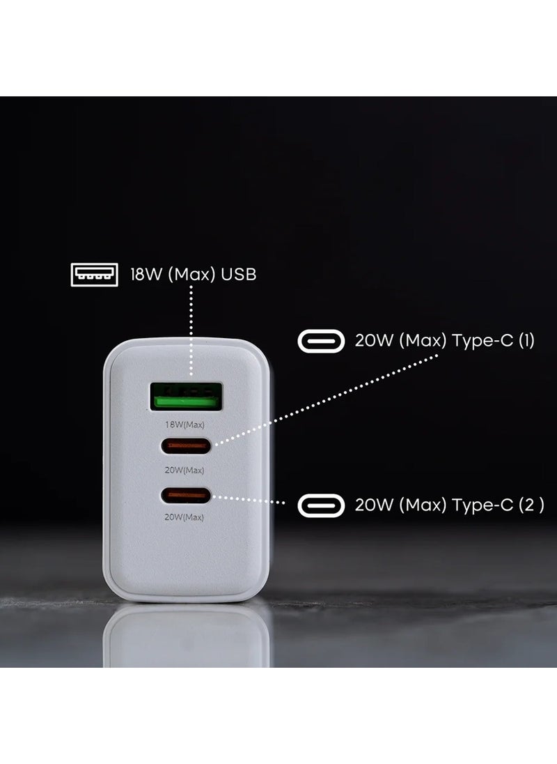 40W Triple-Port Fast Charger, Dual USB-C & USB-A Adapter for Phones and Tablets, Compact Design
