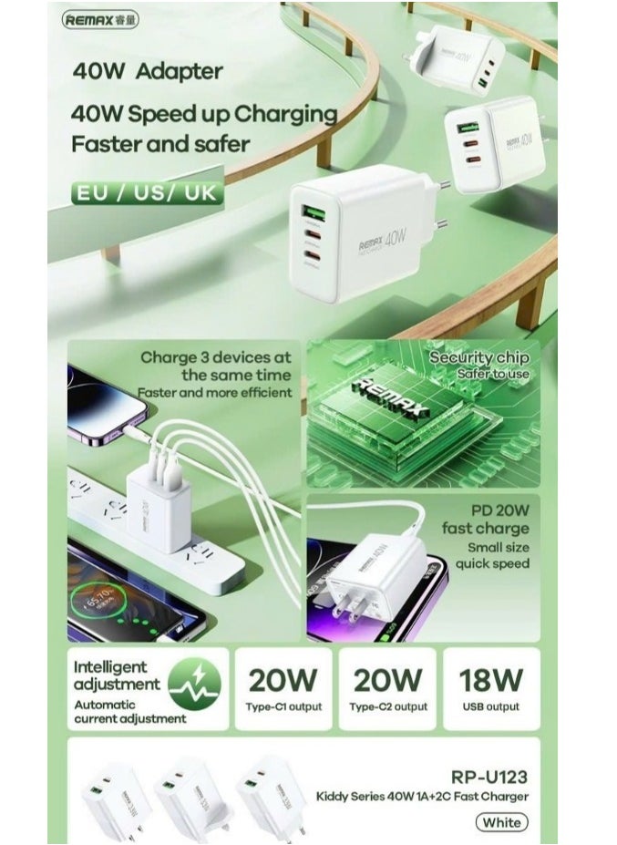 40W Triple-Port Fast Charger, Dual USB-C & USB-A Adapter for Phones and Tablets, Compact Design