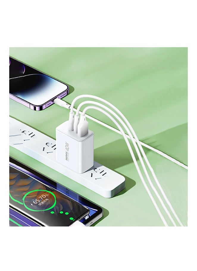 40W Triple-Port Fast Charger, Dual USB-C & USB-A Adapter for Phones and Tablets, Compact Design